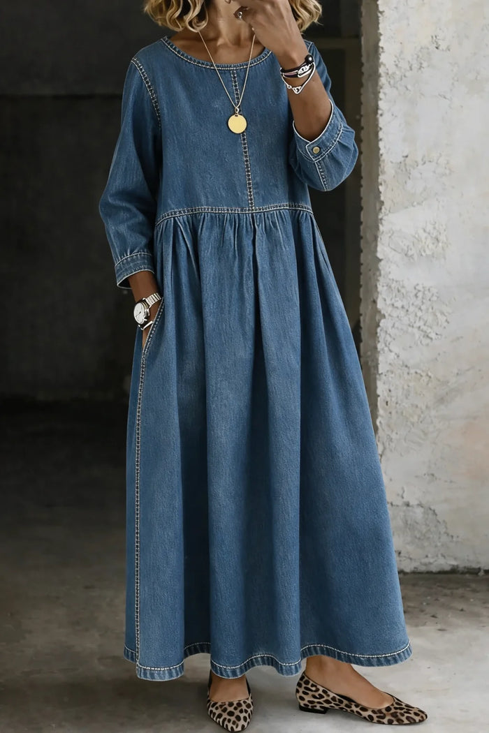 Blue Women's Denim Dress with Round Neck, Long Sleeves & Side Pockets — Maddie