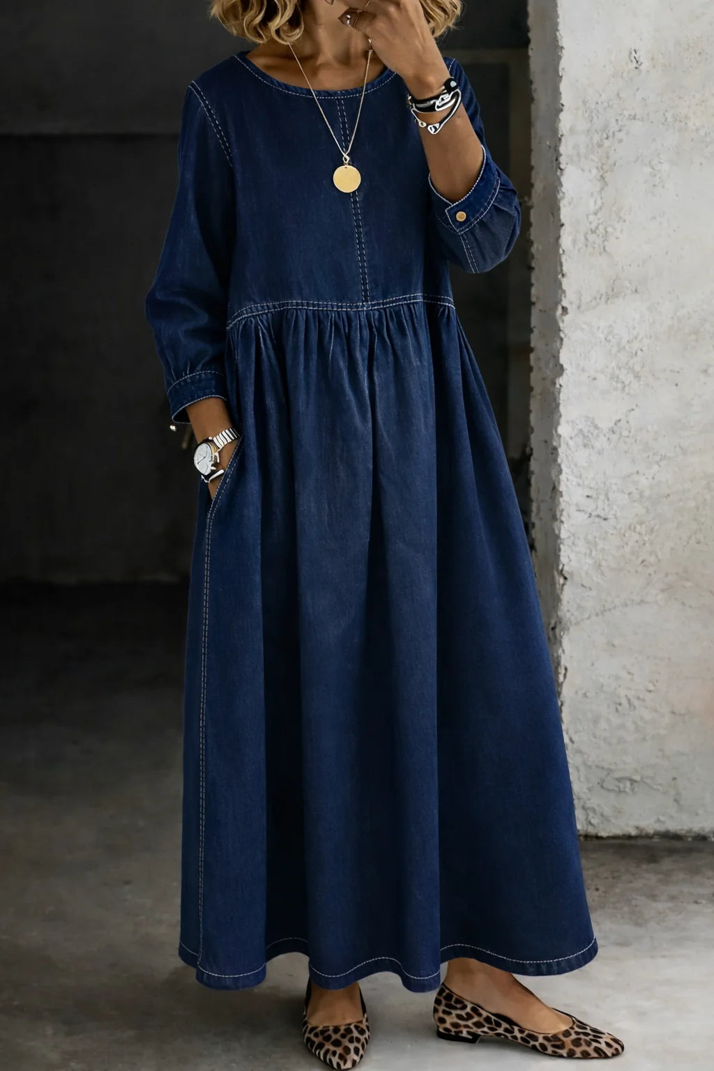 Navy Women's Denim Dress with Round Neck, Long Sleeves & Side Pockets — Maddie