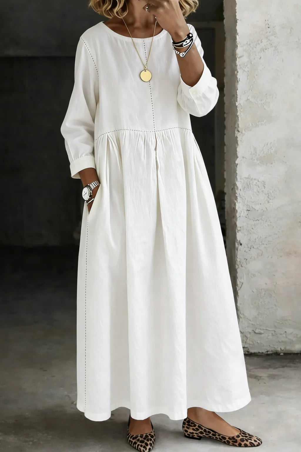 White Women's Denim Dress with Round Neck, Long Sleeves & Side Pockets
