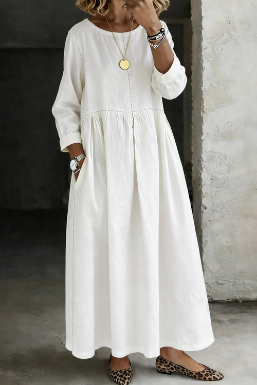 White Women's Denim Dress with Round Neck, Long Sleeves & Side Pockets