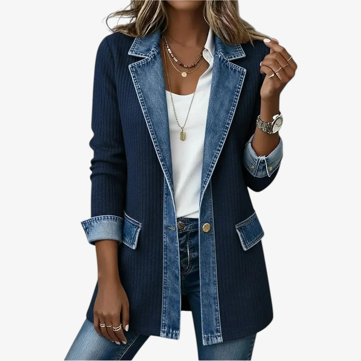 Dark Blue Women's Longline Jacket with Ribbed Knit Panels & Denim Trim
