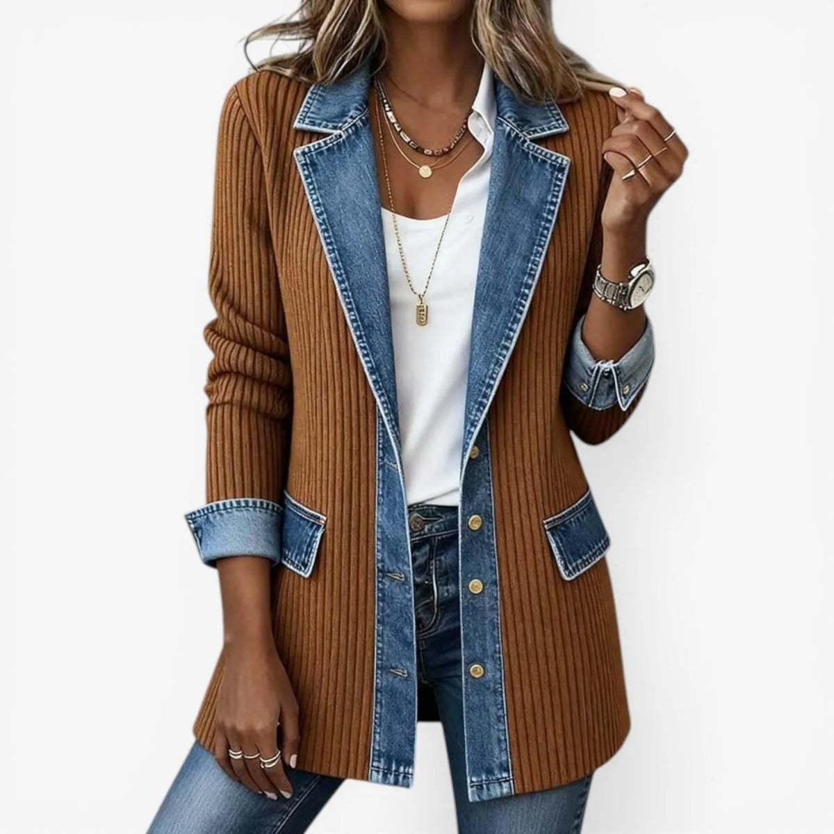 Khaki Women's Longline Jacket with Ribbed Knit Panels & Denim Trim