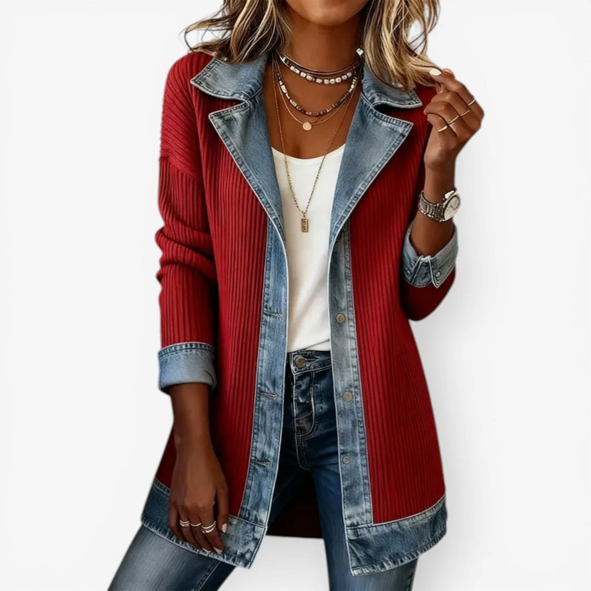 Red Women's Longline Jacket with Ribbed Knit Panels & Denim Trim