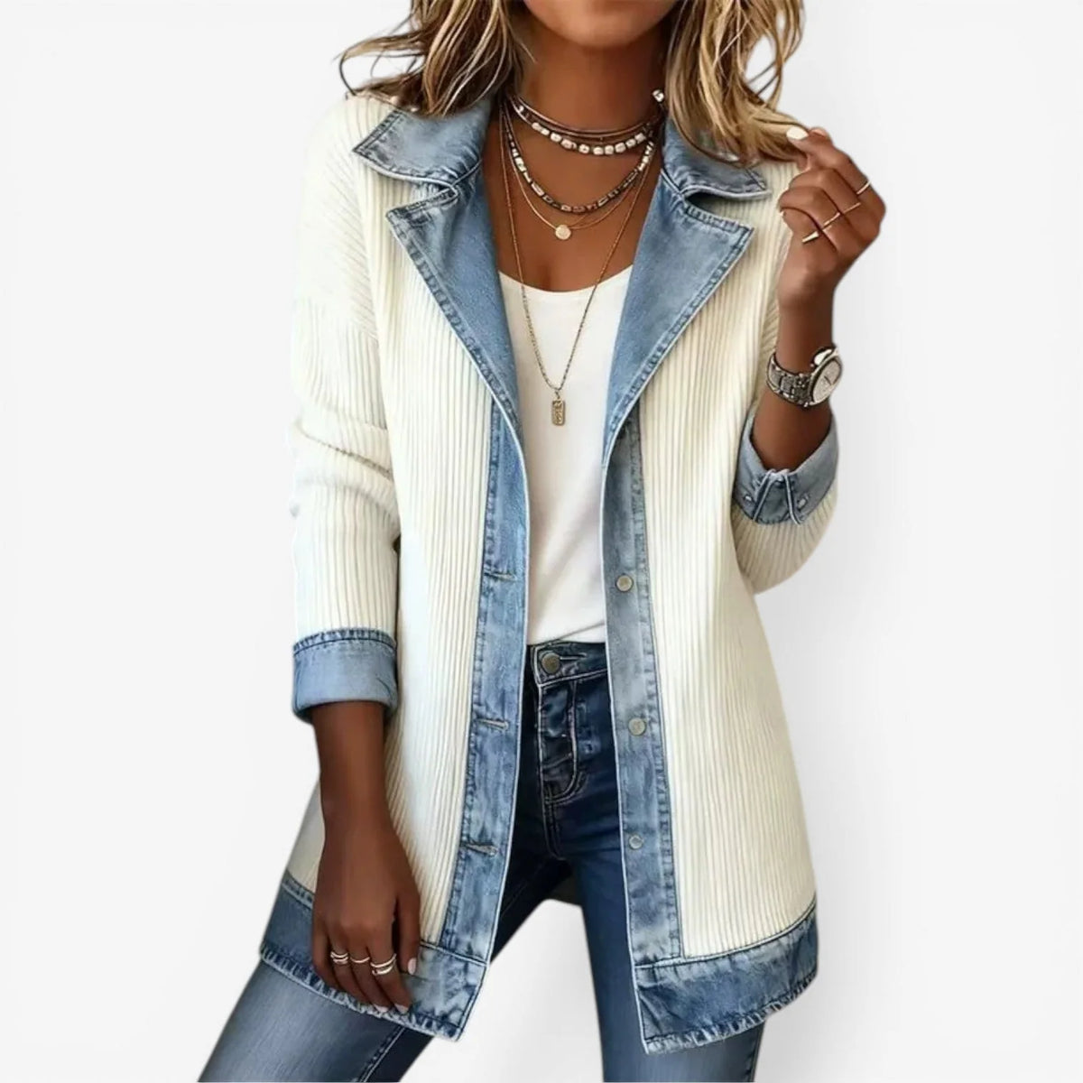 White Women's Longline Jacket with Ribbed Knit Panels & Denim Trim
