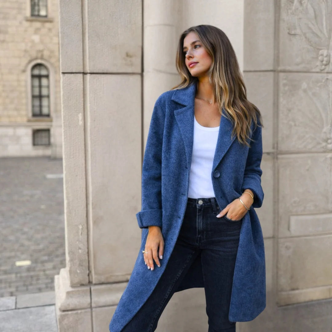 Blue Women's Longline Winter Jacket with Classic Lapels & Button-Front