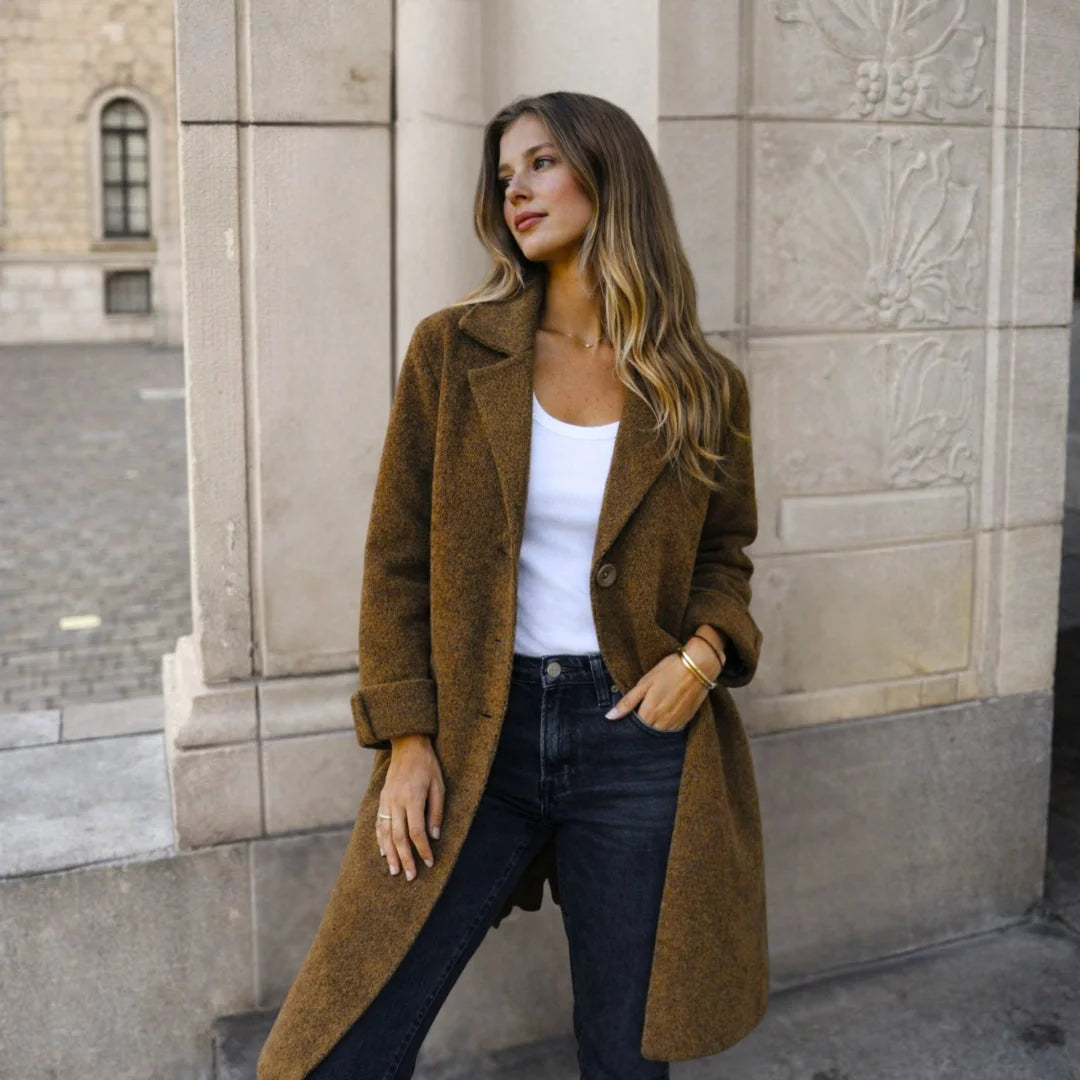 Brown Women's Longline Winter Jacket with Classic Lapels & Button-Front