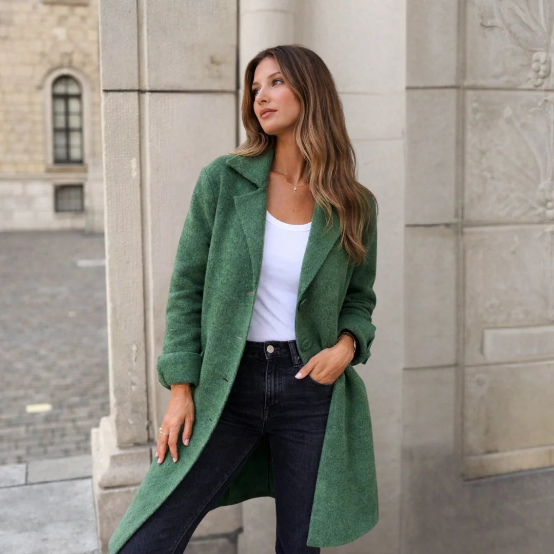 Green Women's Longline Winter Jacket with Classic Lapels & Button-Front