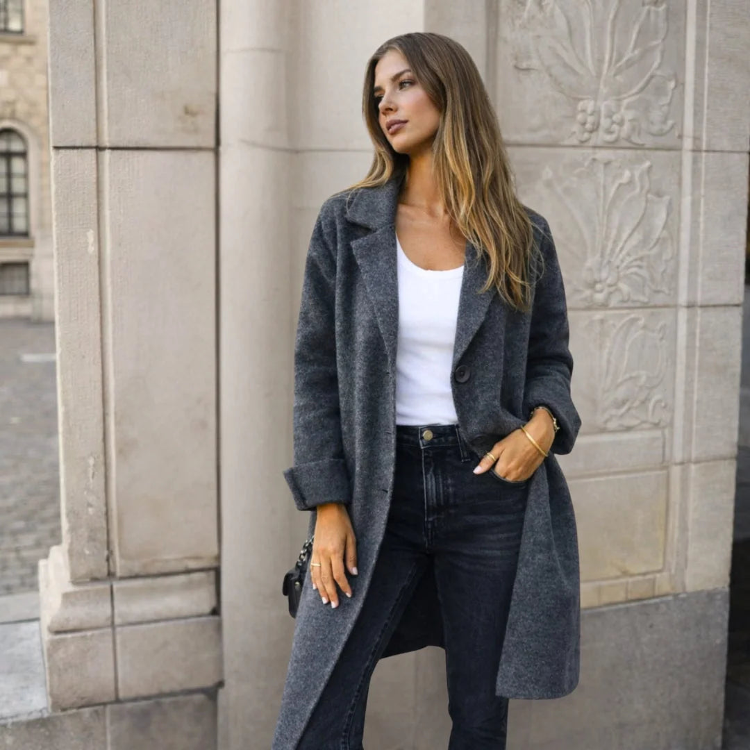 Mid Grey Women's Longline Winter Jacket with Classic Lapels & Button-Front