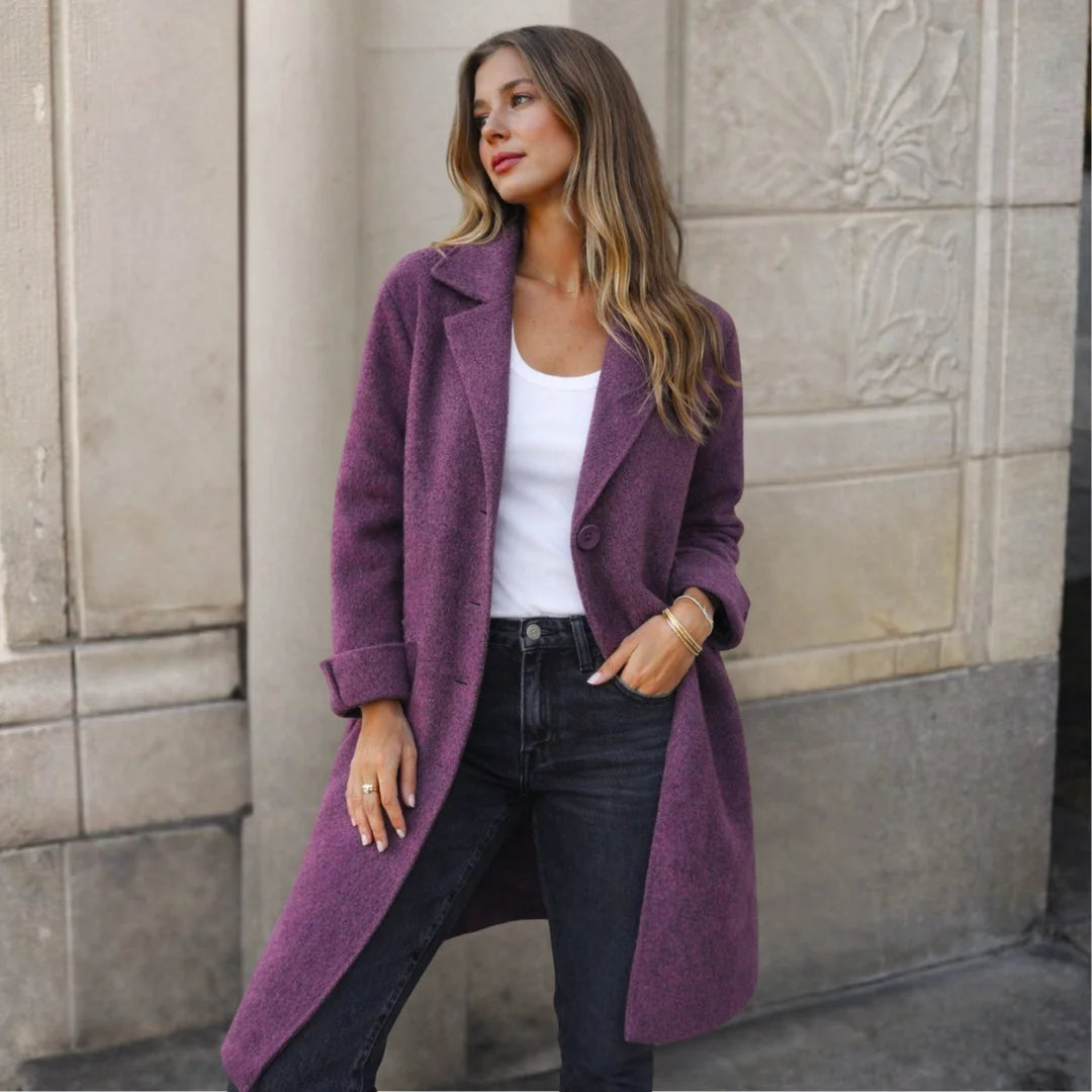 Purple Women's Longline Winter Jacket with Classic Lapels & Button-Front