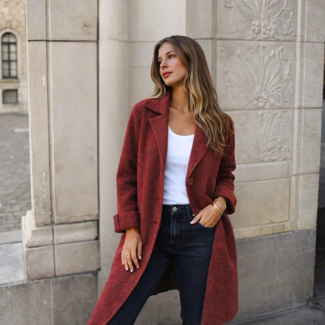 Red Women's Longline Winter Jacket with Classic Lapels & Button-Front