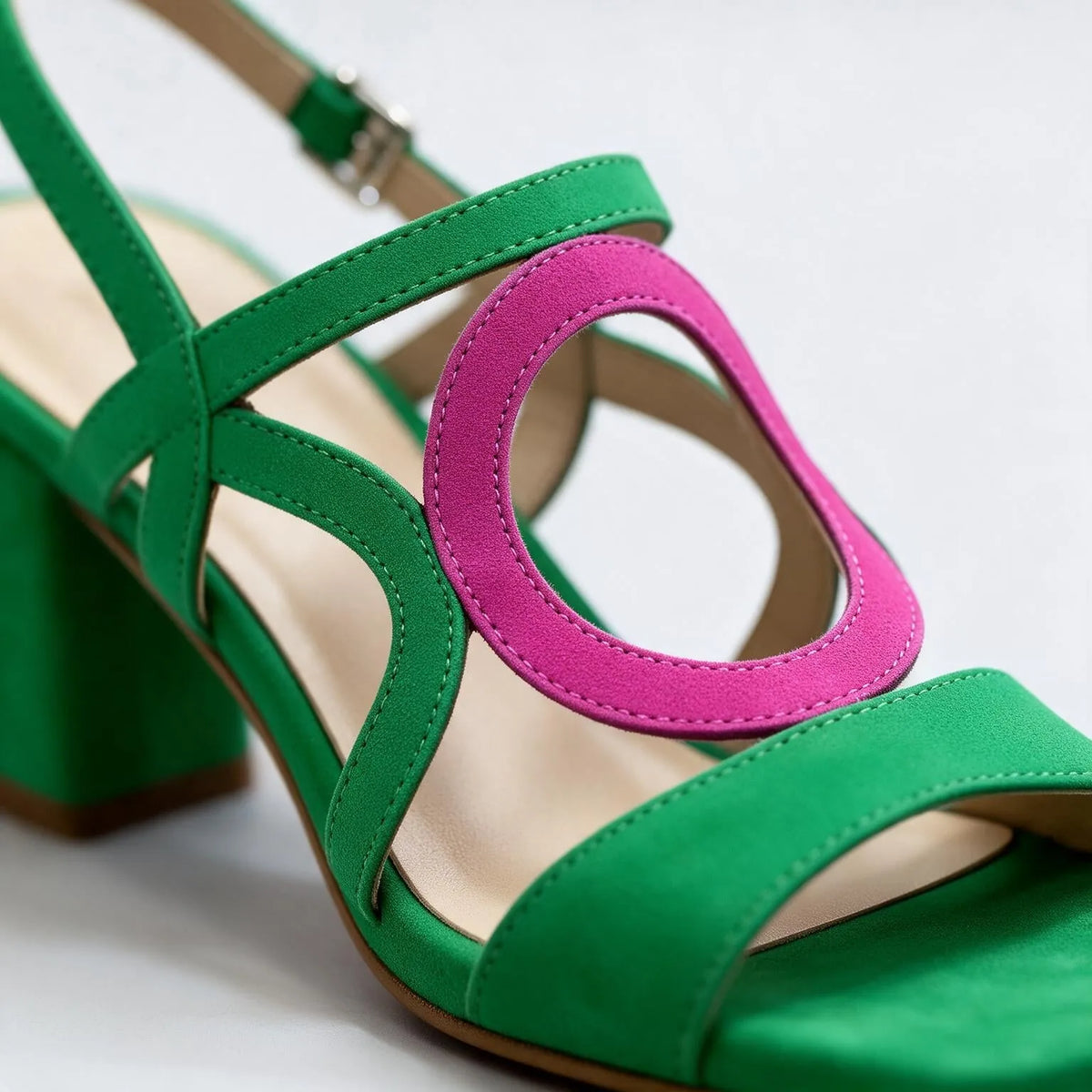 Women's Loop Sandals with Cushioned Insole & Block Heel - Green Macro Loop Detail