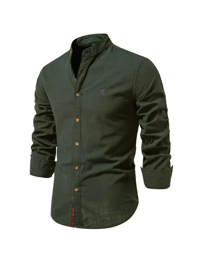 Dark Green Men's Long Sleeve Shirt with Mandarin Collar & Button-Front Design - Front Full