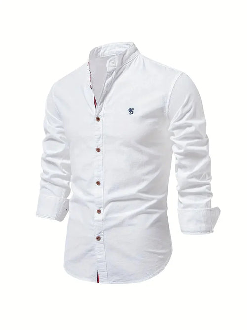 White Men's Long Sleeve Shirt with Mandarin Collar & Button-Front Design - Front Angle