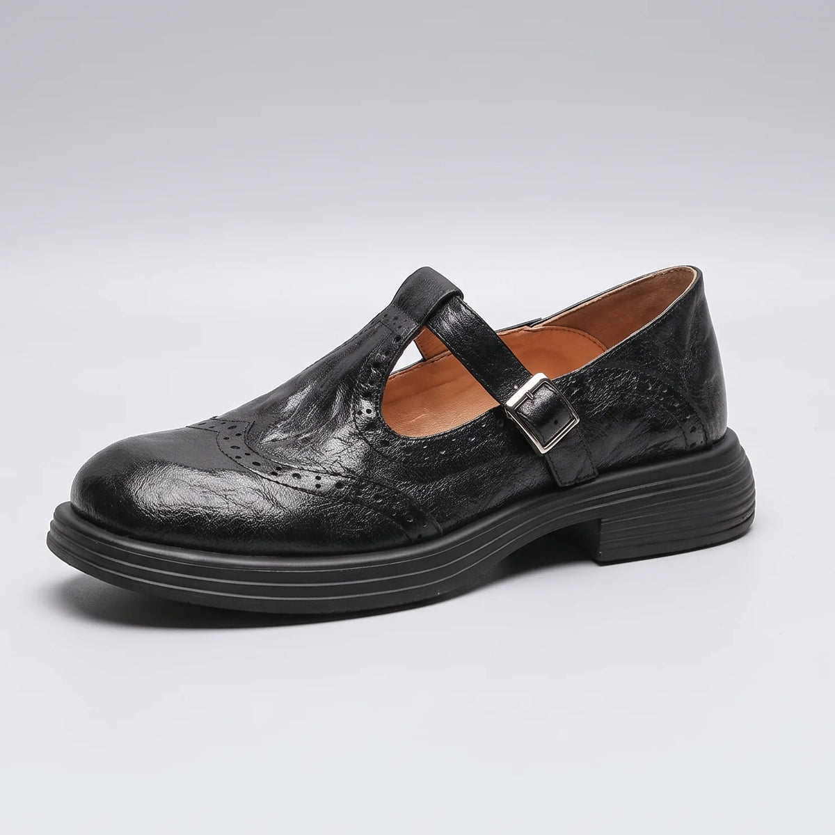 Black Women's Mary Jane Pumps with Brogue Detailing & Buckle Strap