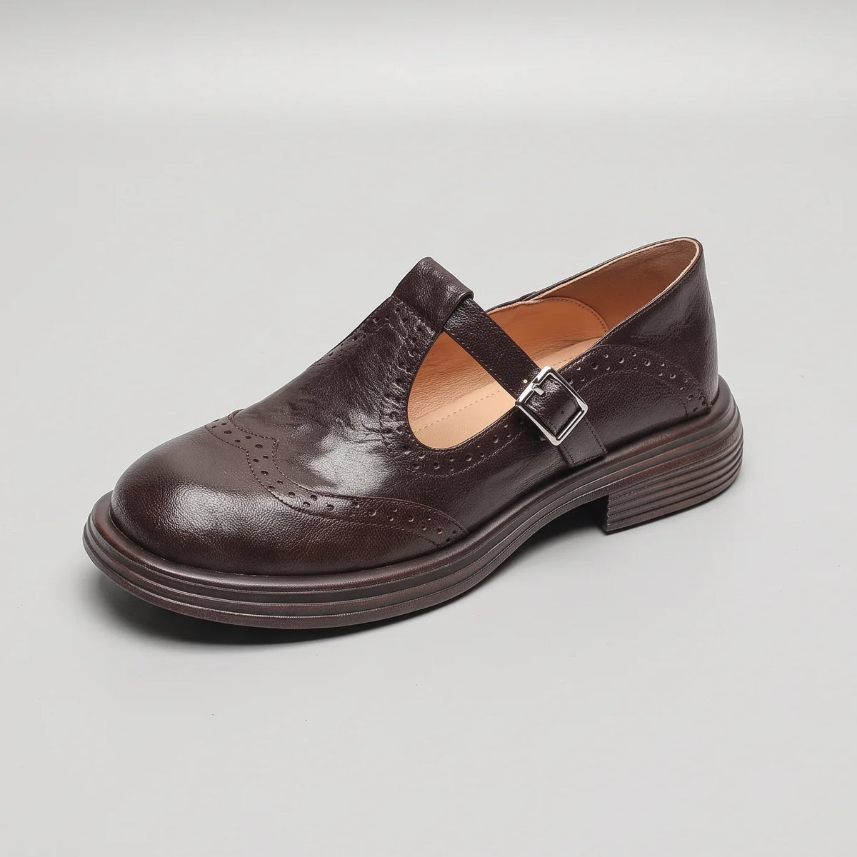 Women's Mary Jane Pumps with Brogue Detailing & Buckle Strap