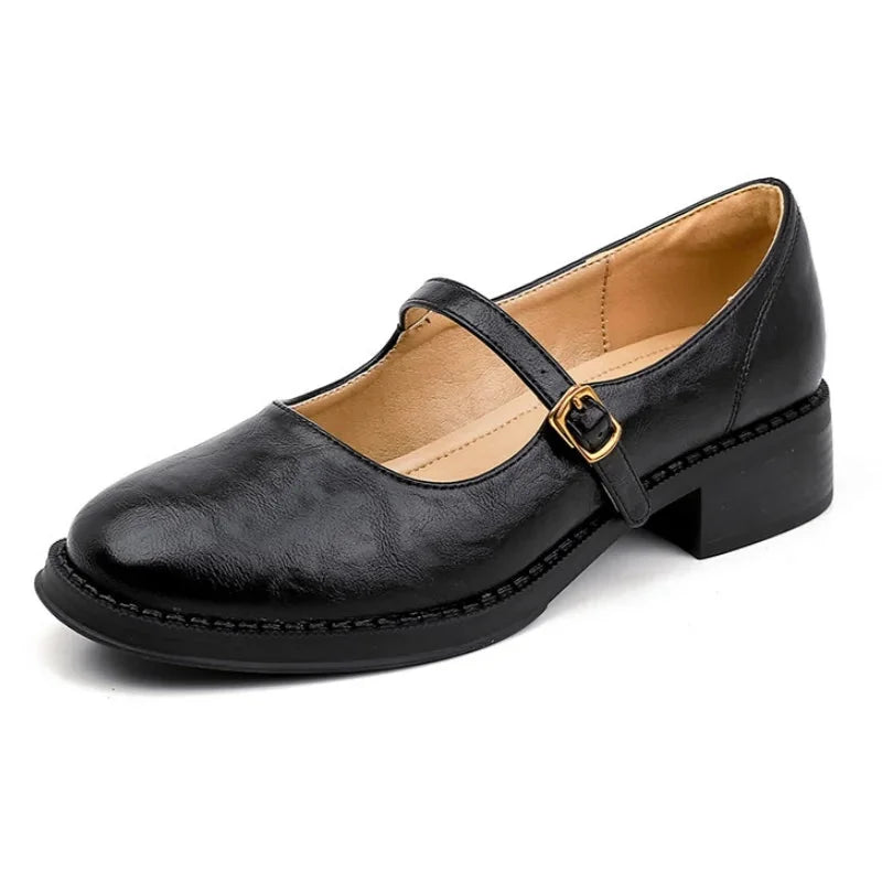 Black Women's Mary Jane Shoes with Single Strap & Low Block Heel — Diana - Studio White Solo