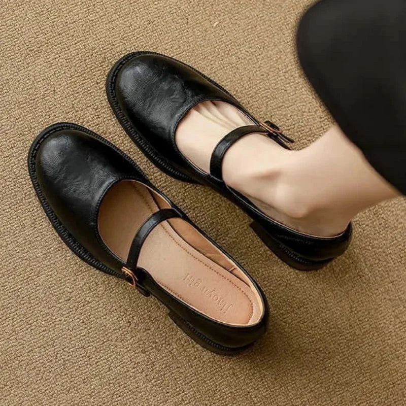 Black Women's Mary Jane Shoes with Single Strap & Low Block Heel — Diana - Top Down Worn