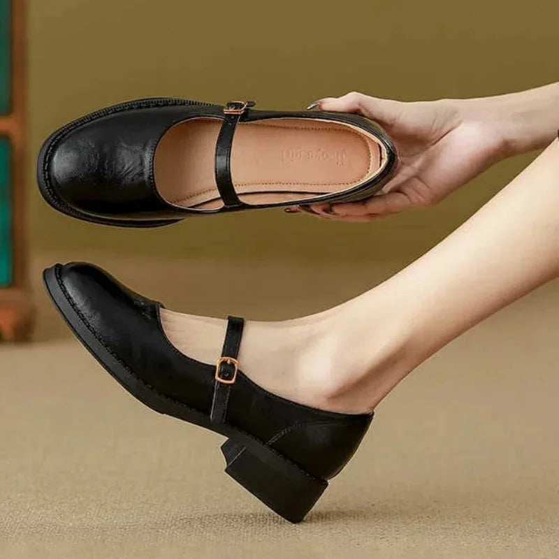 Black Women's Mary Jane Shoes with Single Strap & Low Block Heel — Diana - Top View Hand Hold