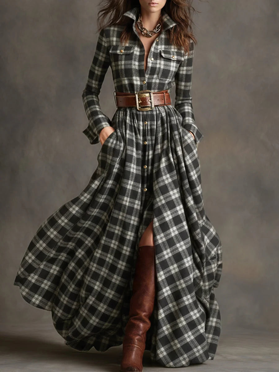 Black Women's Plaid Maxi Dress with Belted Waist & Lapel Collar