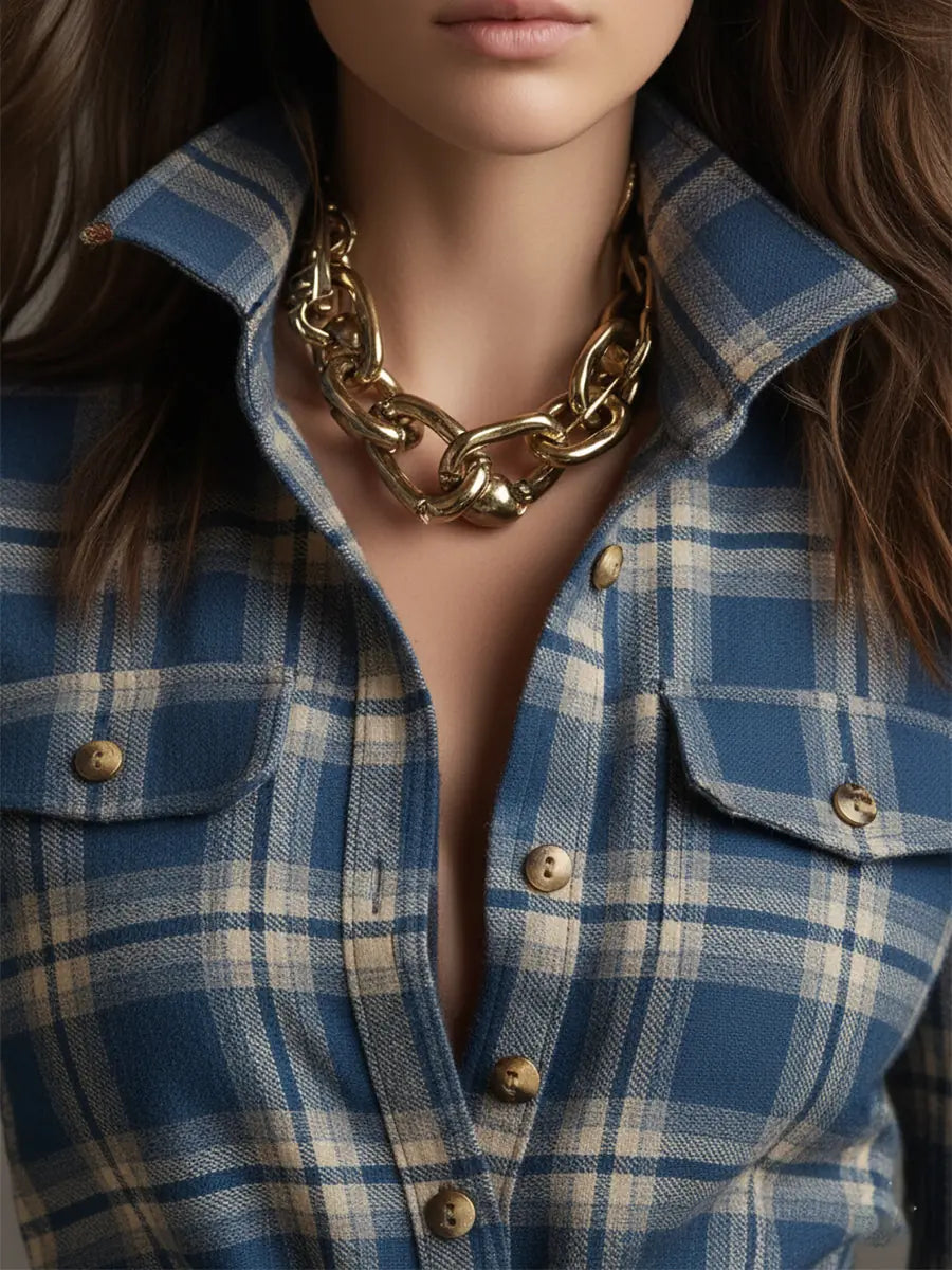 Women's Plaid Maxi Dress with Belted Waist & Lapel Collar - Close Up Neckline