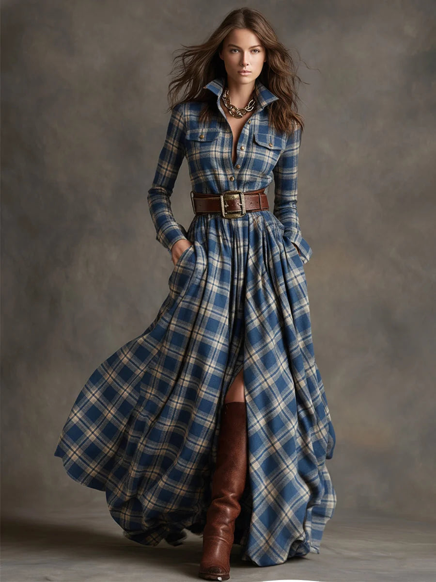 Women's Plaid Maxi Dress with Belted Waist & Lapel Collar - Front Full Portrait