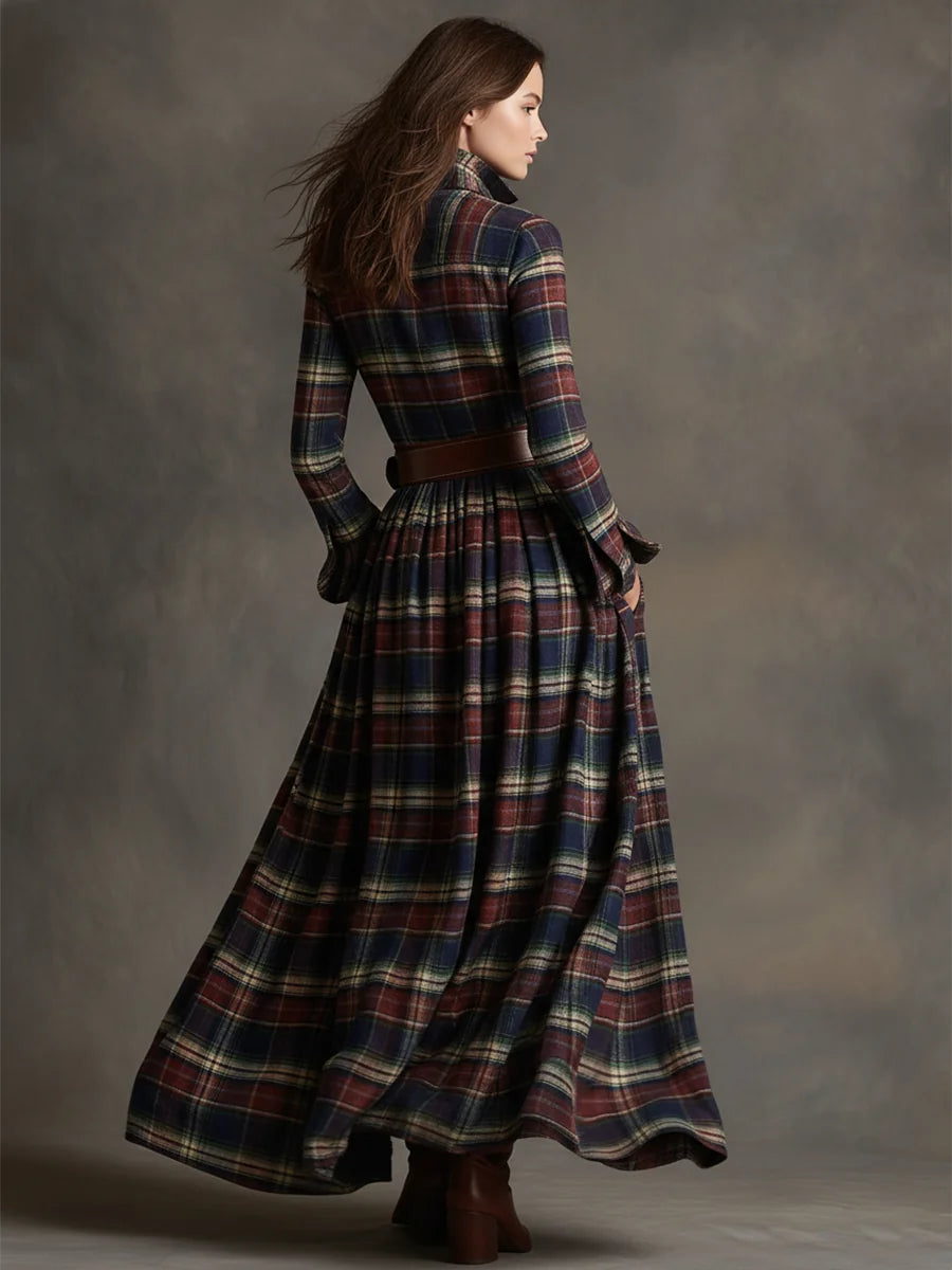 Women's Plaid Maxi Dress with Belted Waist & Lapel Collar - Red Back Full