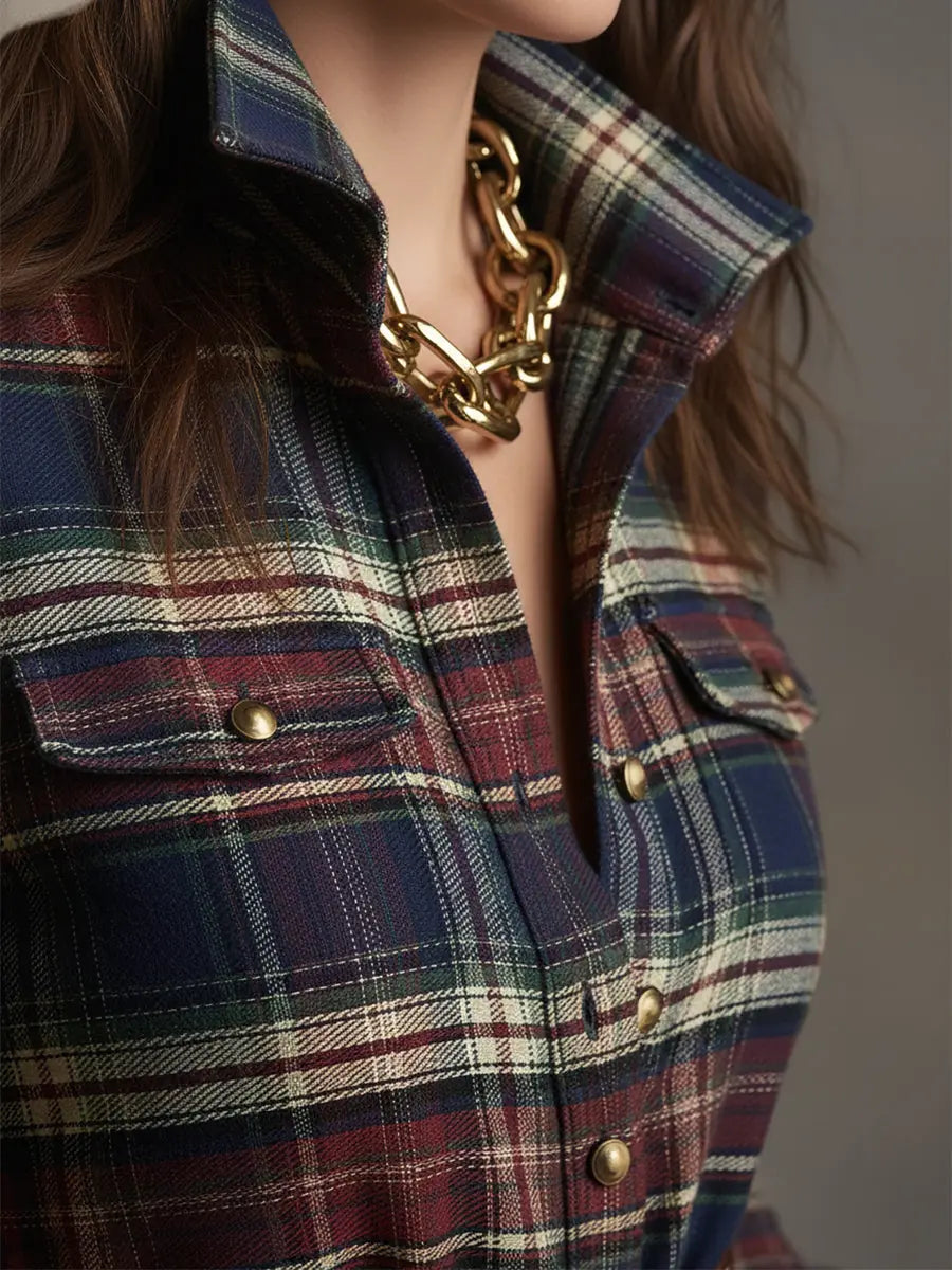 Women's Plaid Maxi Dress with Belted Waist & Lapel Collar - Red Close Up Neckline Alt