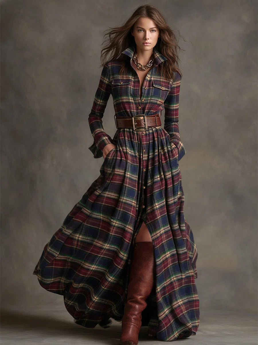 Women's Plaid Maxi Dress with Belted Waist & Lapel Collar - Red Front Full Portrait