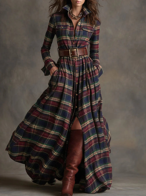 Blue Red Women's Plaid Maxi Dress with Belted Waist & Lapel Collar - Front Full