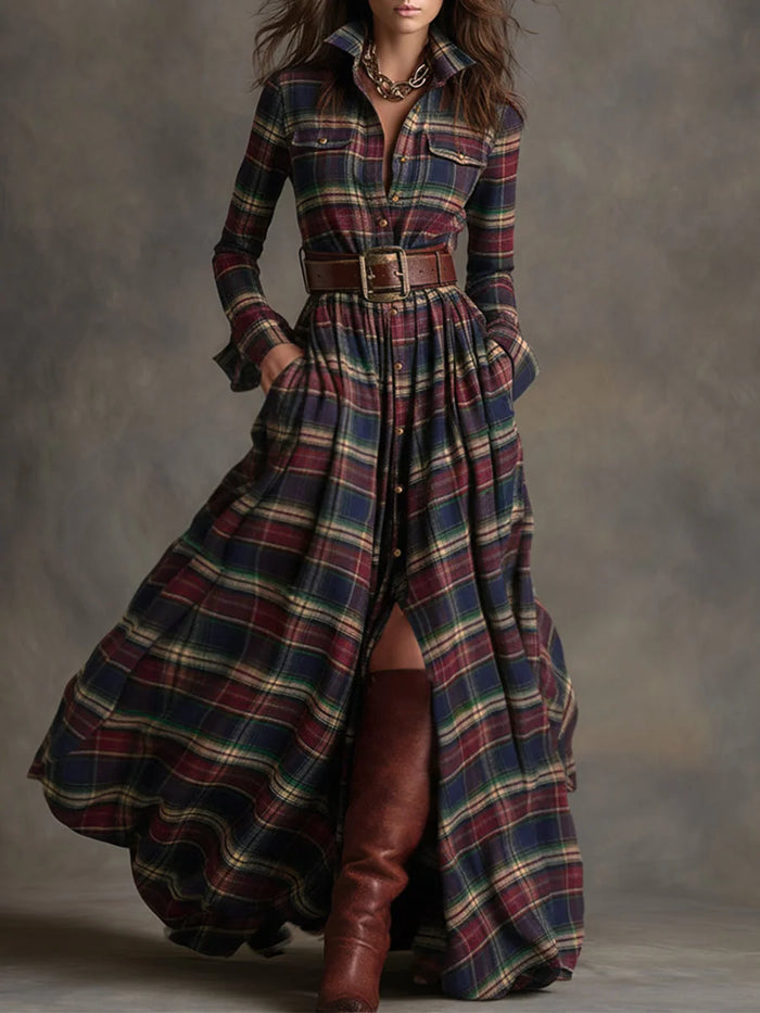 Blue Red Women's Plaid Maxi Dress with Belted Waist & Lapel Collar - Front Full