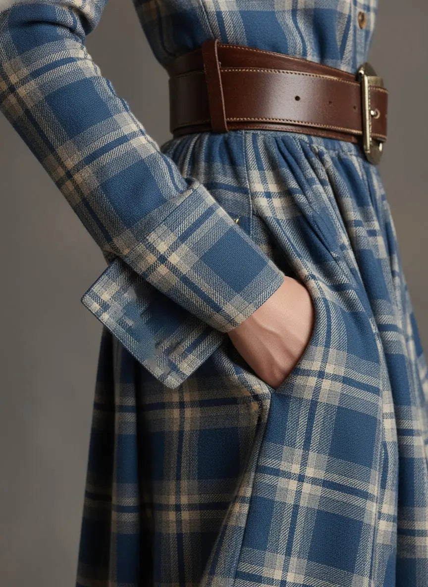 Women's Plaid Maxi Dress with Belted Waist & Lapel Collar - Waist Pocket Detail