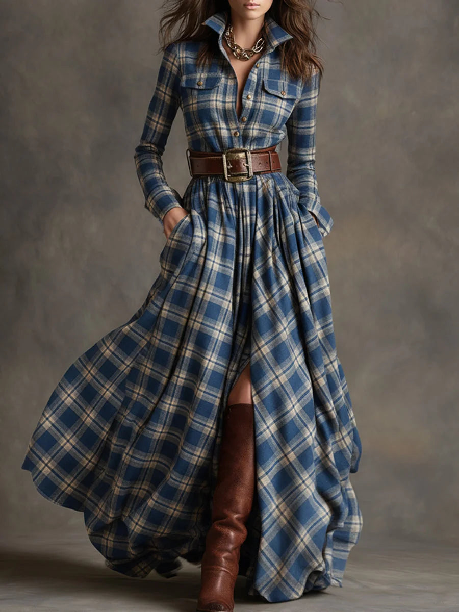 Blue Women's Plaid Maxi Dress with Belted Waist & Lapel Collar