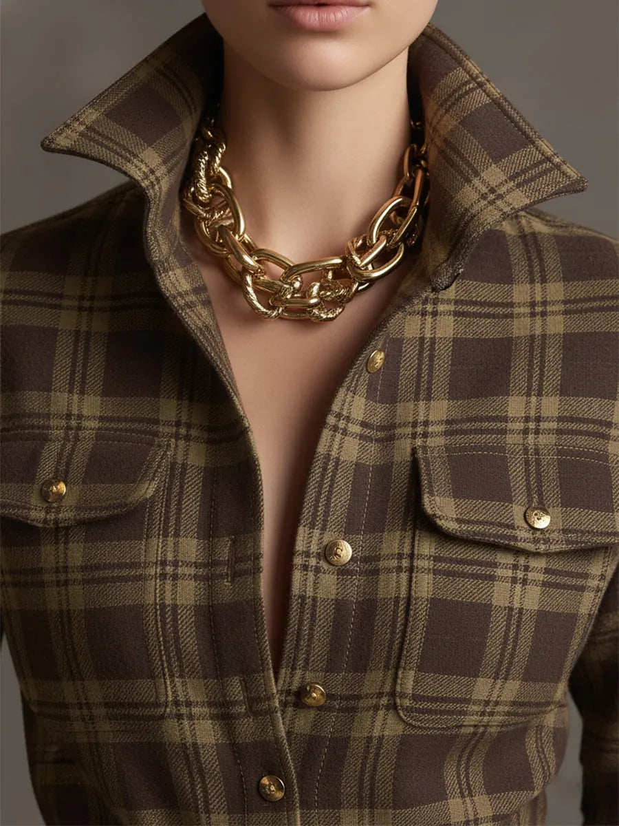 Women's Plaid Maxi Dress with Belted Waist & Lapel Collar - Close Up Neckline