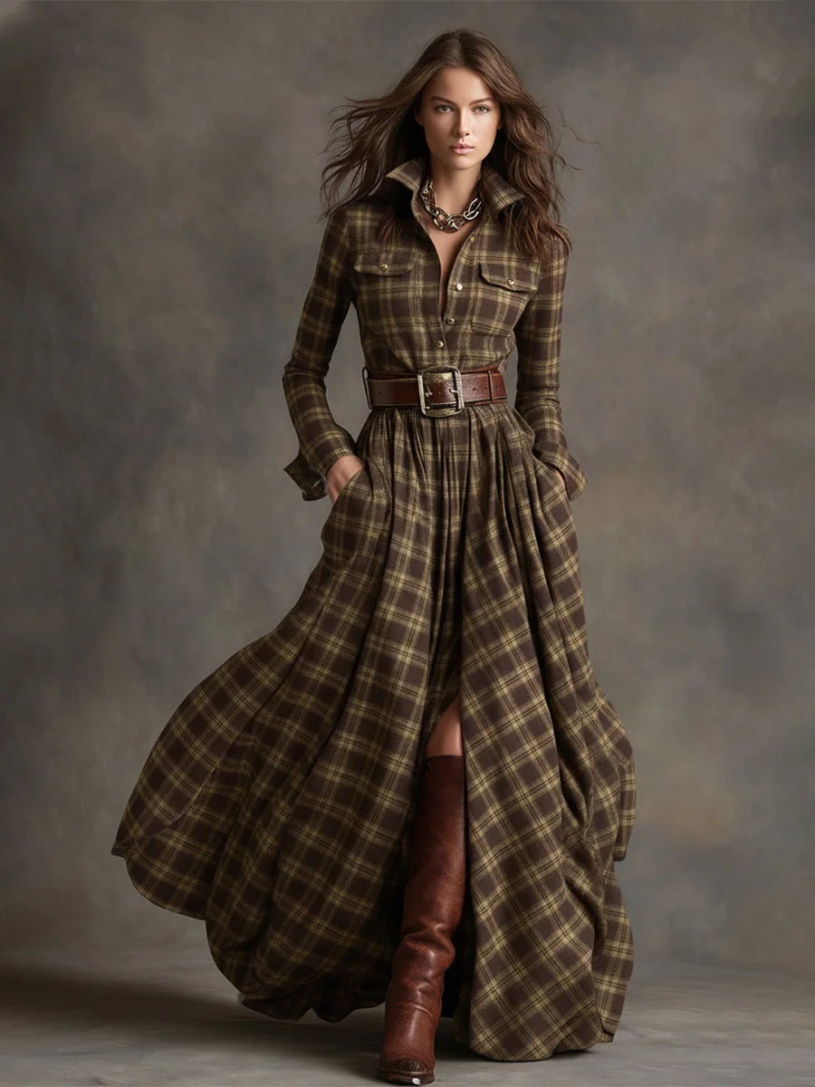 Women's Plaid Maxi Dress with Belted Waist & Lapel Collar - Front Full Portrait