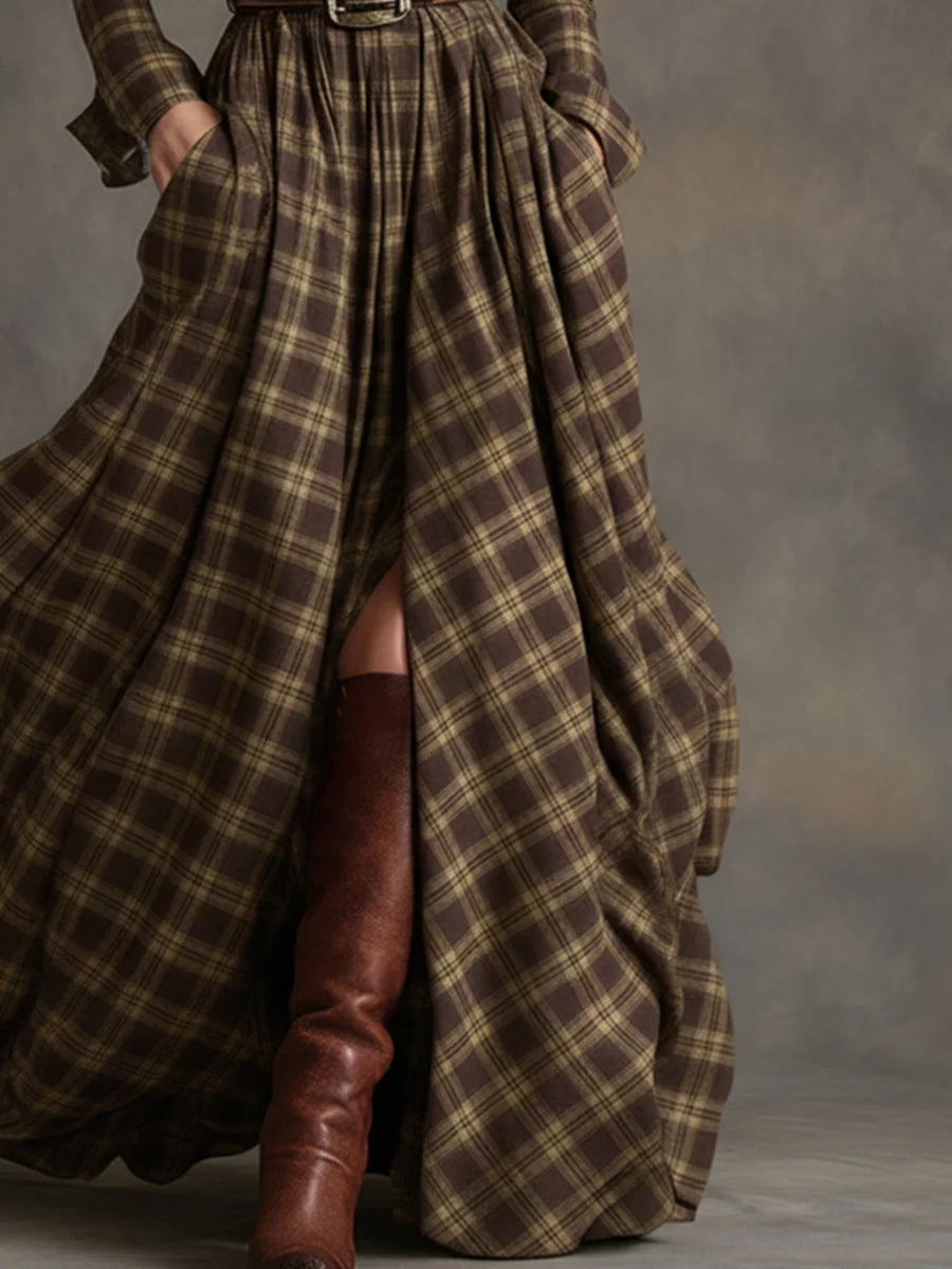 Women's Plaid Maxi Dress with Belted Waist & Lapel Collar - Hem Detail