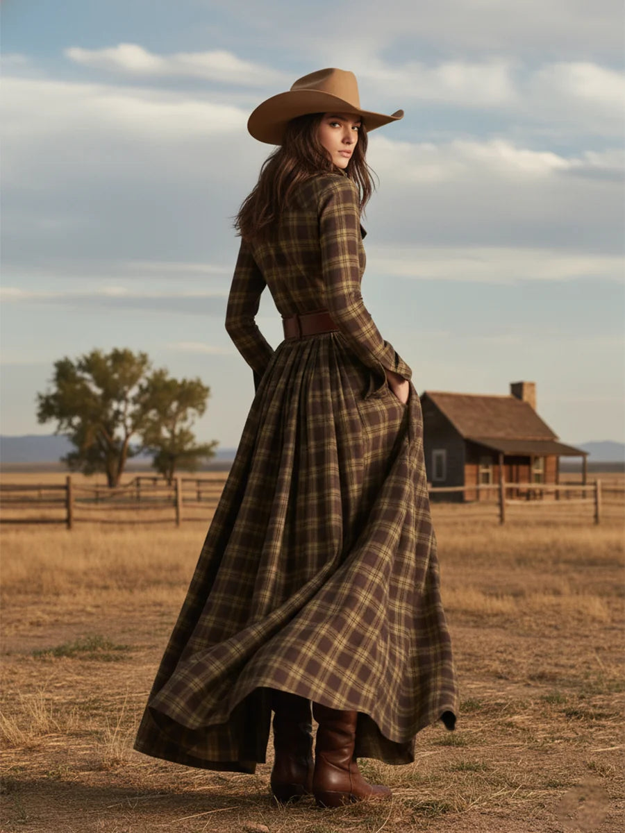 Women's Plaid Maxi Dress with Belted Waist & Lapel Collar - Outdoor Lifestyle