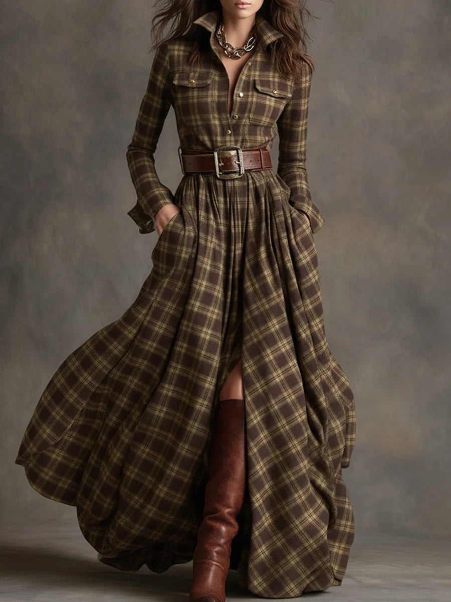 Brown Women's Plaid Maxi Dress with Belted Waist & Lapel Collar