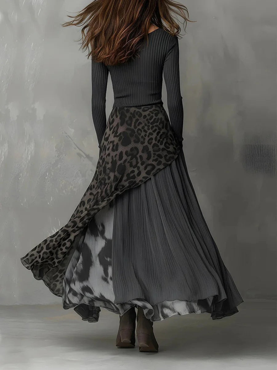 Gray Women's Leopard Maxi Dress with Ribbed Knit Bodice & Asymmetric Hem - Back Full