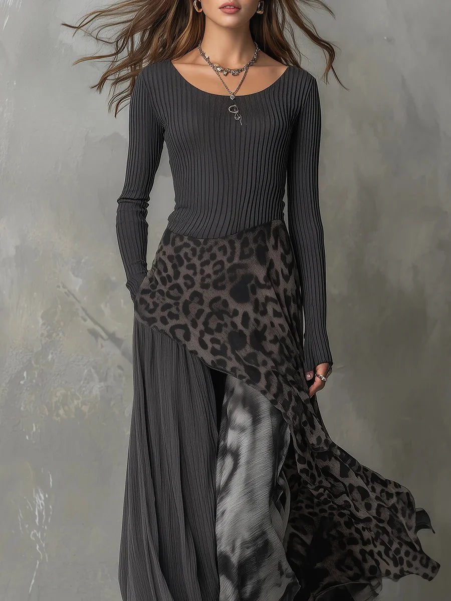 Gray Women's Leopard Maxi Dress with Ribbed Knit Bodice & Asymmetric Hem - Front Closeup