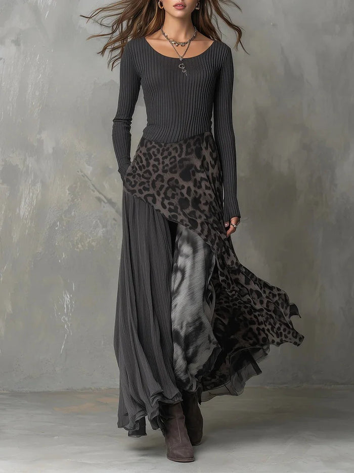 Gray Women's Leopard Maxi Dress with Ribbed Knit Bodice & Asymmetric Hem - Front Full