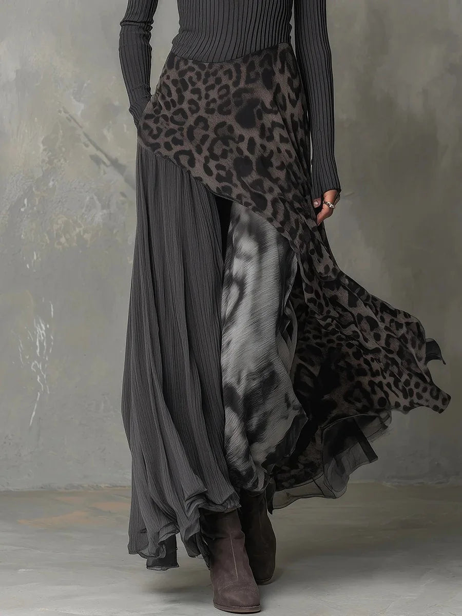 Gray Women's Leopard Maxi Dress with Ribbed Knit Bodice & Asymmetric Hem - Front Lower Detail