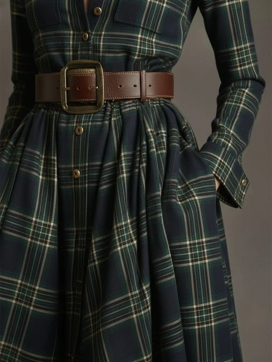 Women's Plaid Maxi Dress with Belted Waist & Lapel Collar - Close Up Waist Detail