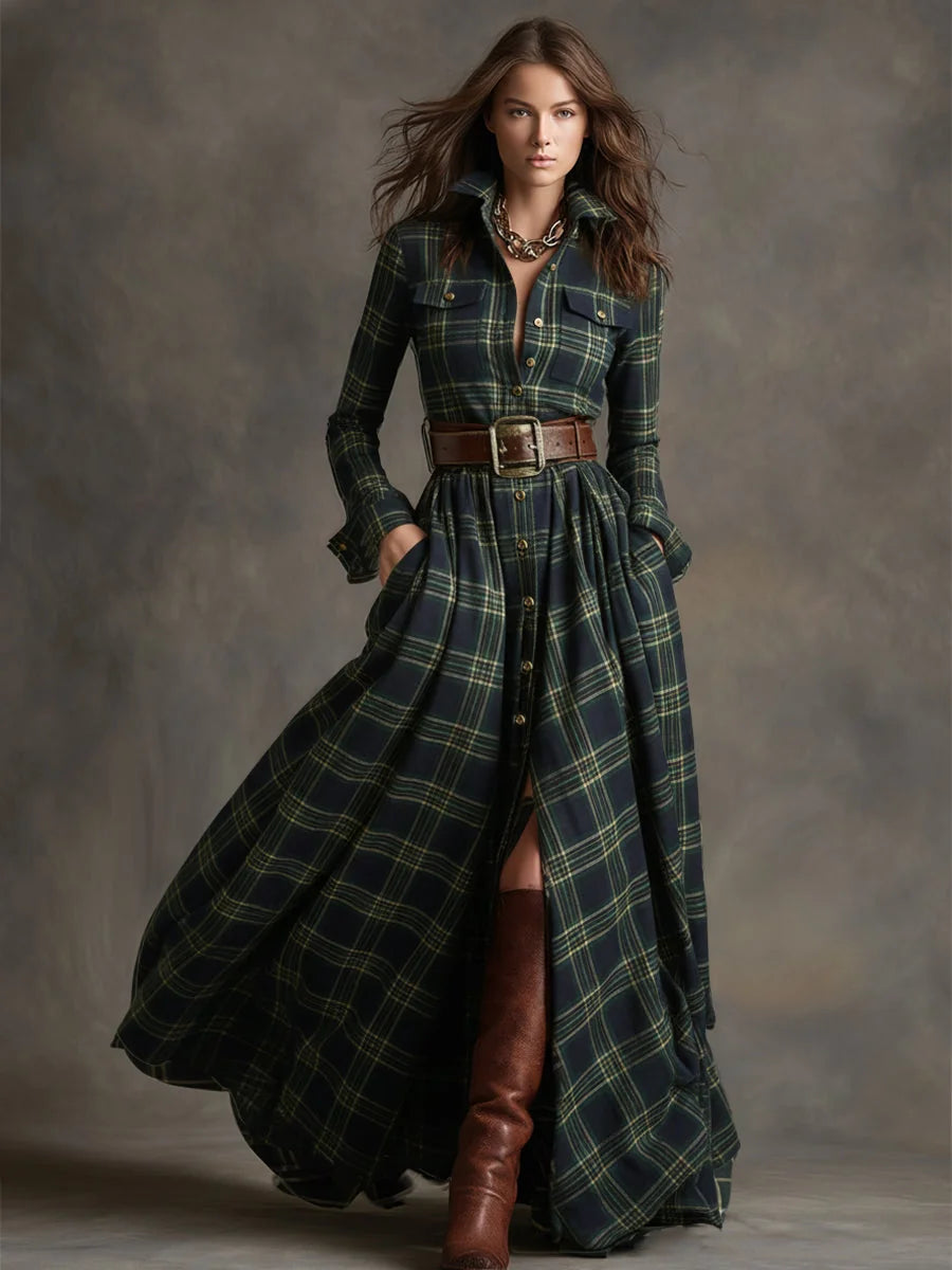 Women's Plaid Maxi Dress with Belted Waist & Lapel Collar - Model Walking