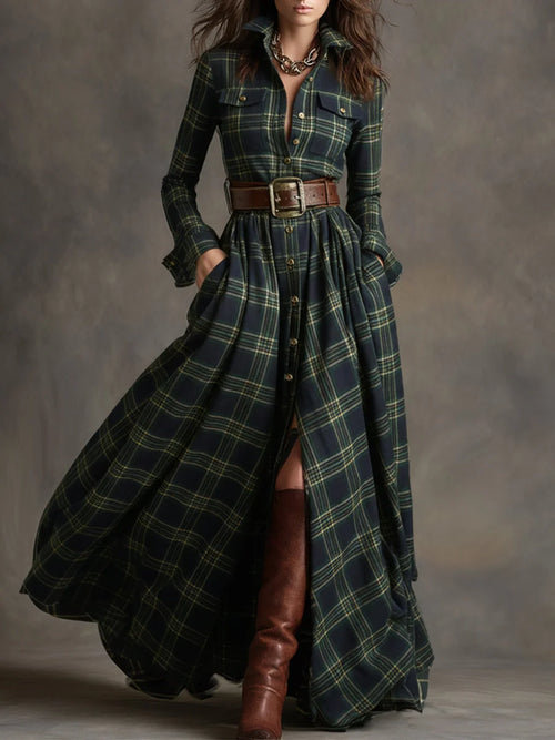 Green Women's Plaid Maxi Dress with Belted Waist & Lapel Collar