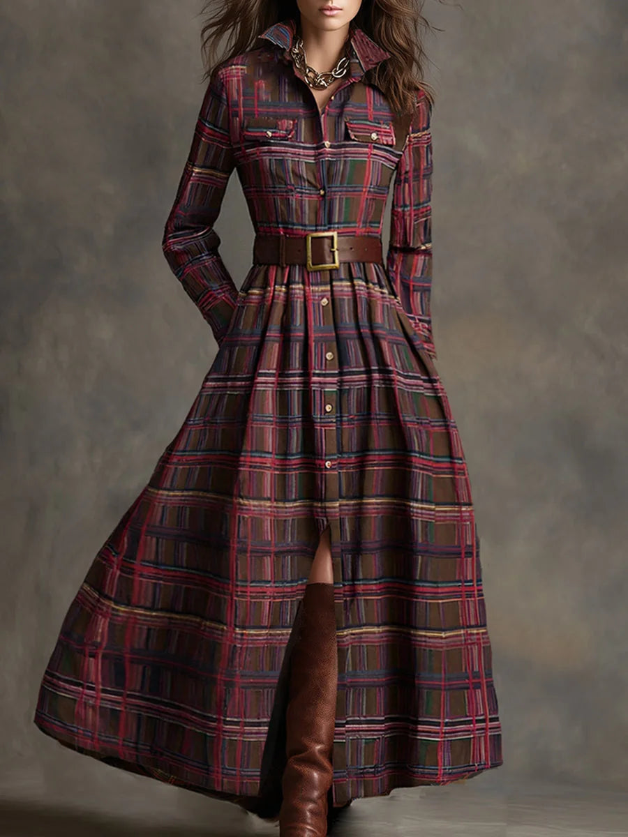 Reddish Brown Women's Plaid Maxi Dress with Belted Waist & Lapel Collar