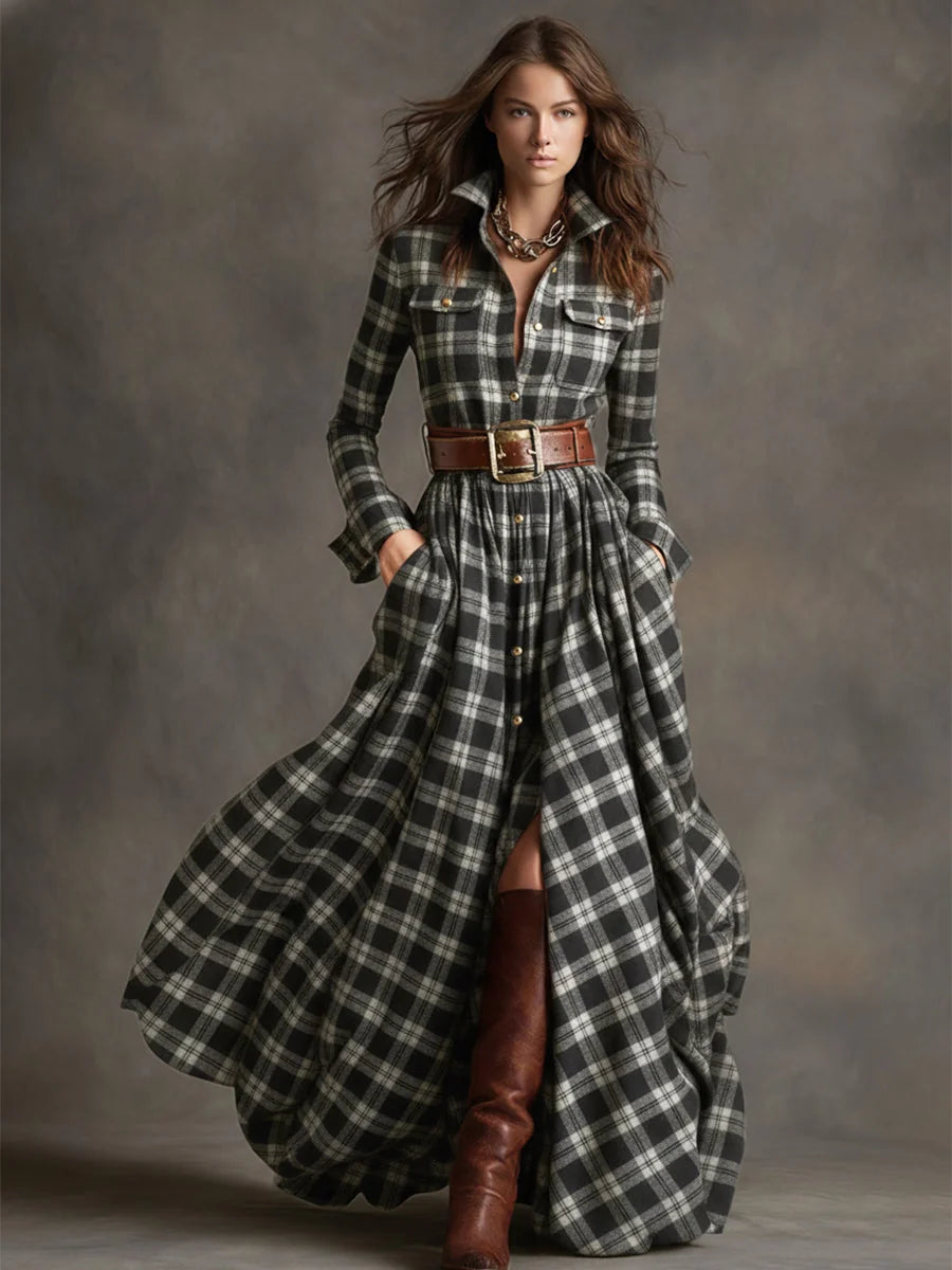 Women's Plaid Maxi Dress with Belted Waist & Lapel Collar