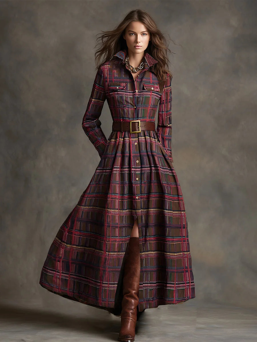 Women's Plaid Maxi Dress with Belted Waist & Lapel Collar