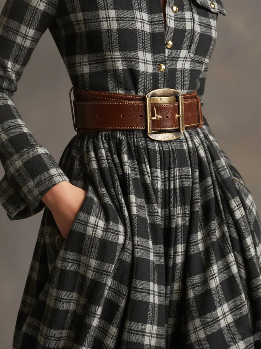 Women's Plaid Maxi Dress with Belted Waist & Lapel Collar