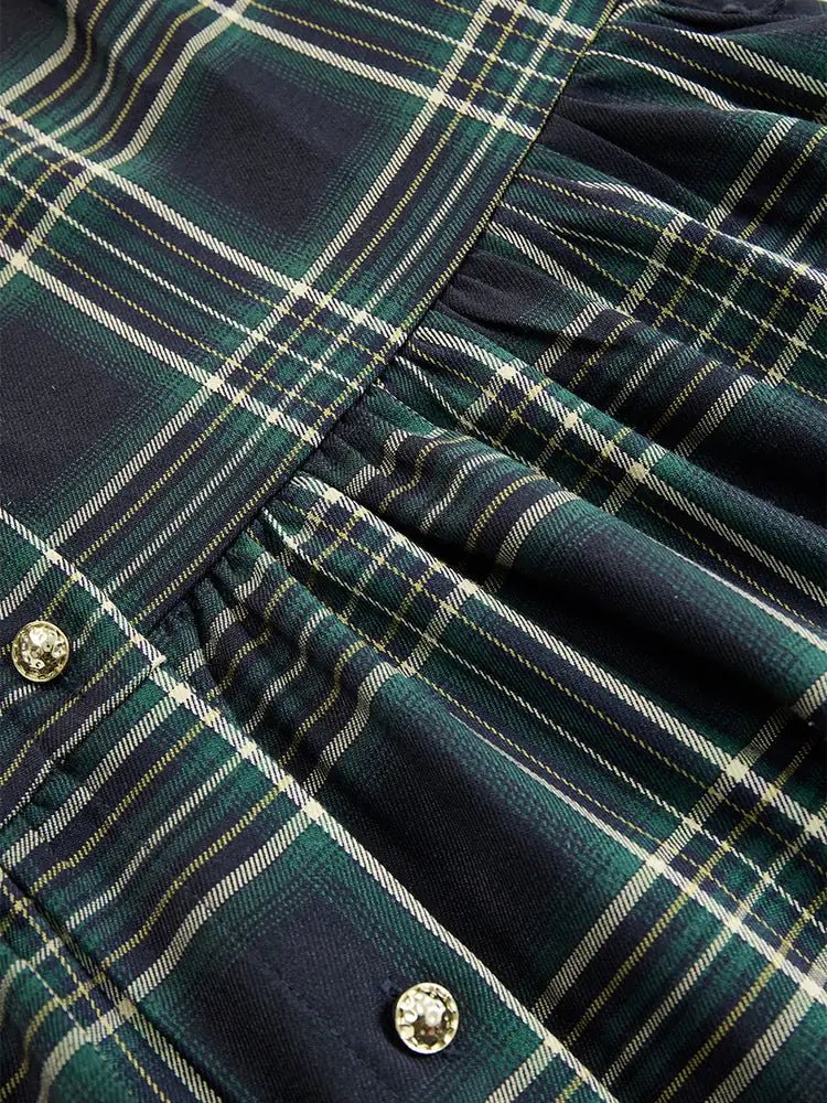Women's Plaid Maxi Dress with Belted Waist & Lapel Collar