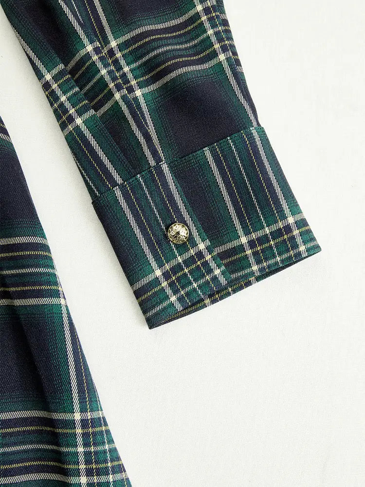 Women's Plaid Maxi Dress with Belted Waist & Lapel Collar